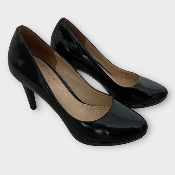 Cole Haan Women Black Patent Leather Slip-On Heels Sz 7.5 Office Versatile - Picture 1 of 9